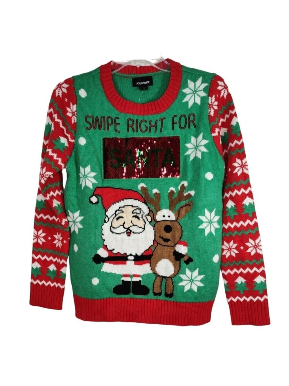 Joe Boxer Christmas Sweater Sequin Swipe Right Women Size M Red Green Long Slv
